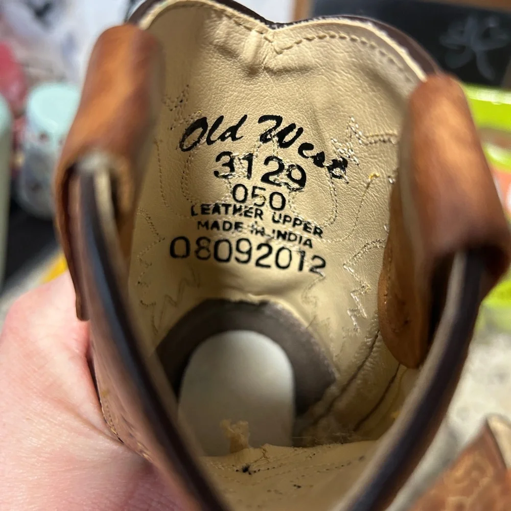 Old West Tan Leather Cowboy Boots with Brown Accents Toddler 5 - Picture 7 of 7